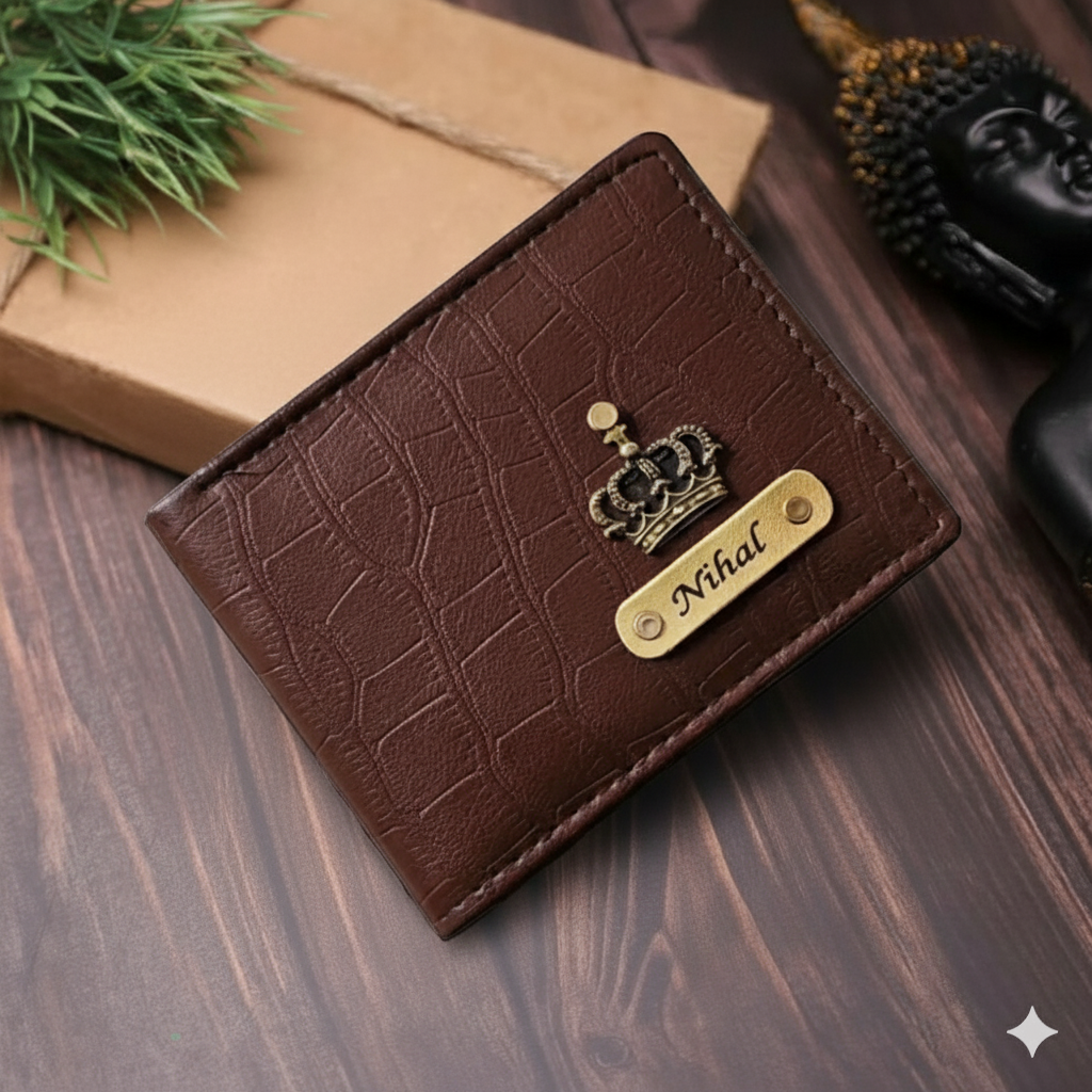 Personalized Sleek Croc Style Wallet With Name & Charm Brown Gift for Husband Brother Boyfriend Fiance Birthday Gift Anniversary Gift
