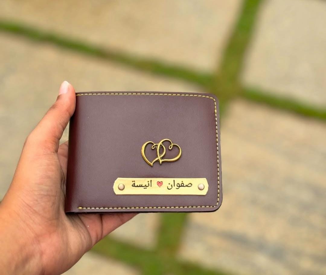 Customized Brown Leather Wallet with Name and Heart Charm